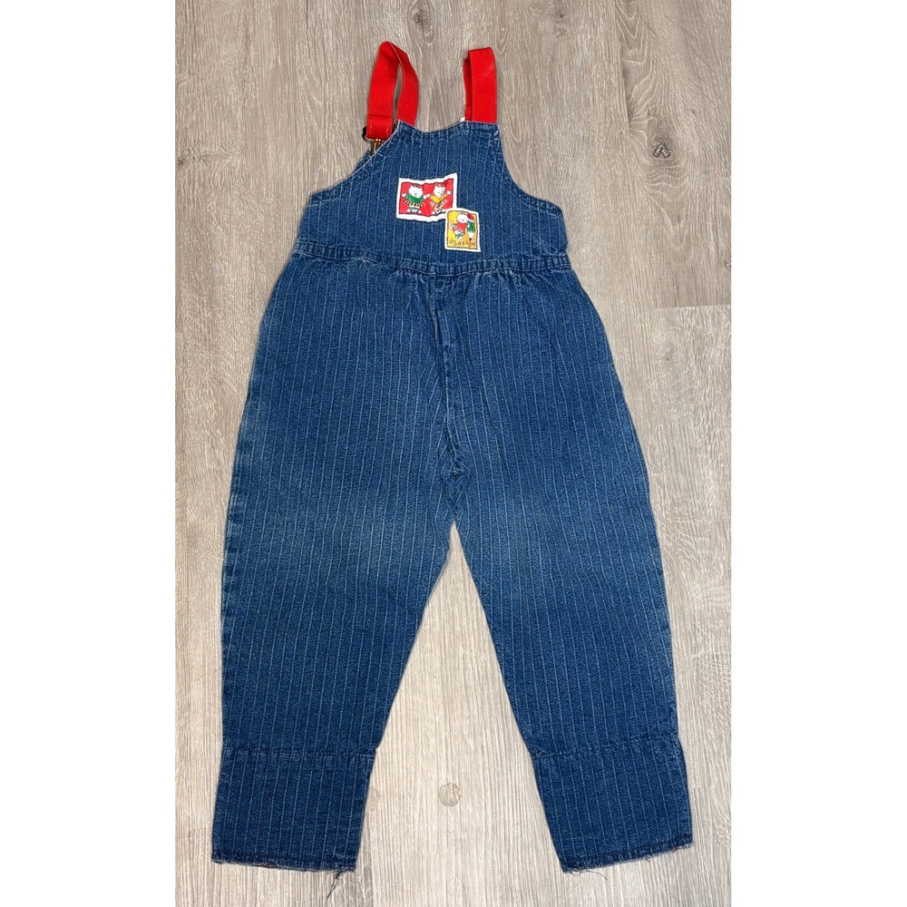 Vintage OshKosh Bgosh Pinstripe Denim Overalls Red Straps Kids Sz 3T Made in USA - Picture 2 of 4